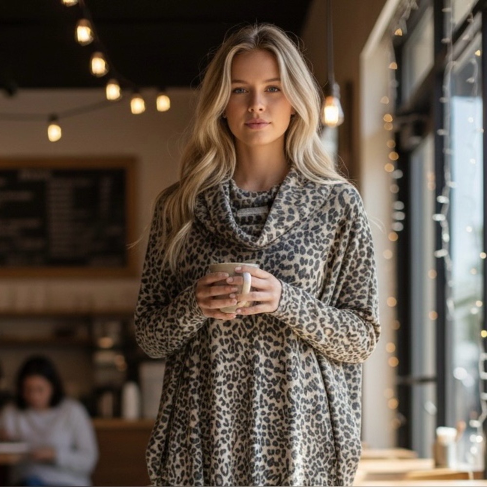 Karlie Small Oversized Women's Cowl Neck Leopardโ Sweater - Black and Tan